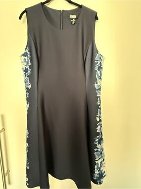 DKNY Navy Floral-Panel Sleeveless Shift Dress